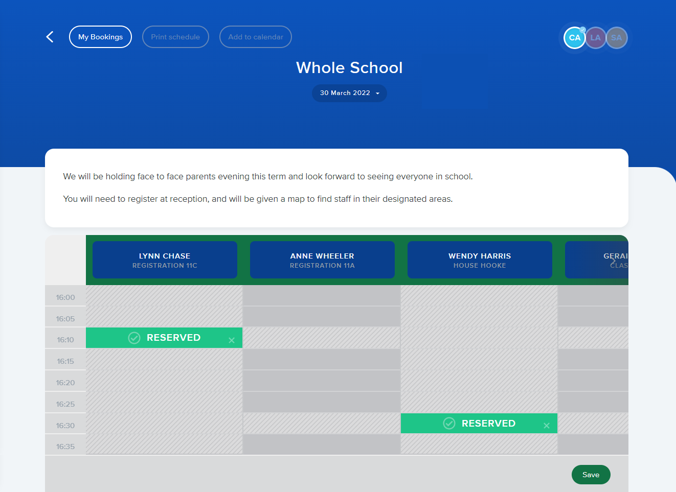 picture of parents evening booking timetable